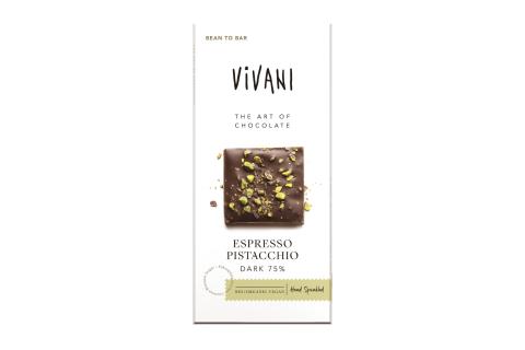Čokoláda hořká 75% espresso s pistácimi BIO vegan- Vivani 80g