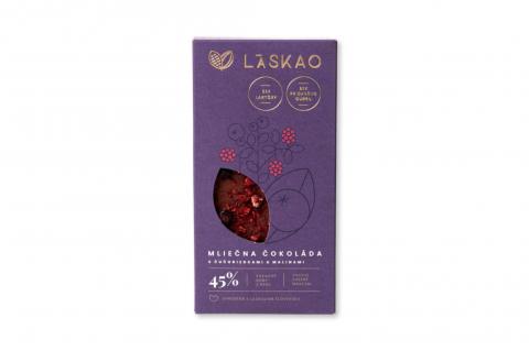 Čokoláda mléčná s malinami a borůvkami 45% bez laktózy - LÁSKAO 75g