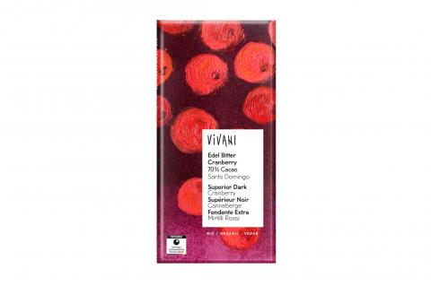Čokoláda hořká s kousky BRUSINEK BIO vegan - 80g Vivani
